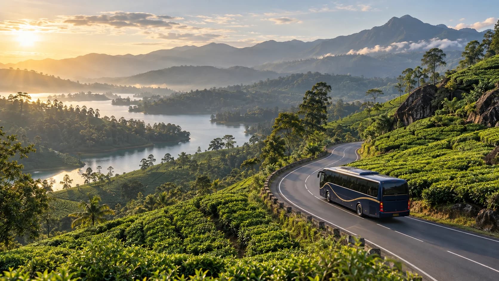 A coach follows a winding road through Sri Lankan tea-country hills